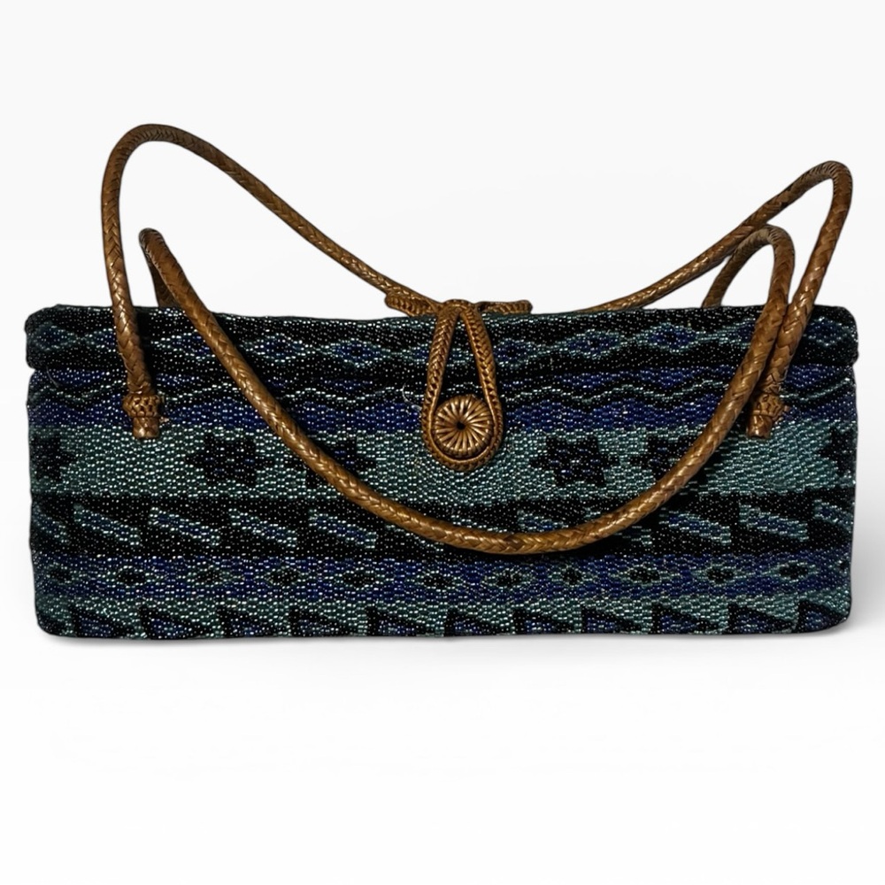 Bali Hand-Woven Beaded Basket Tote with Brown Accents